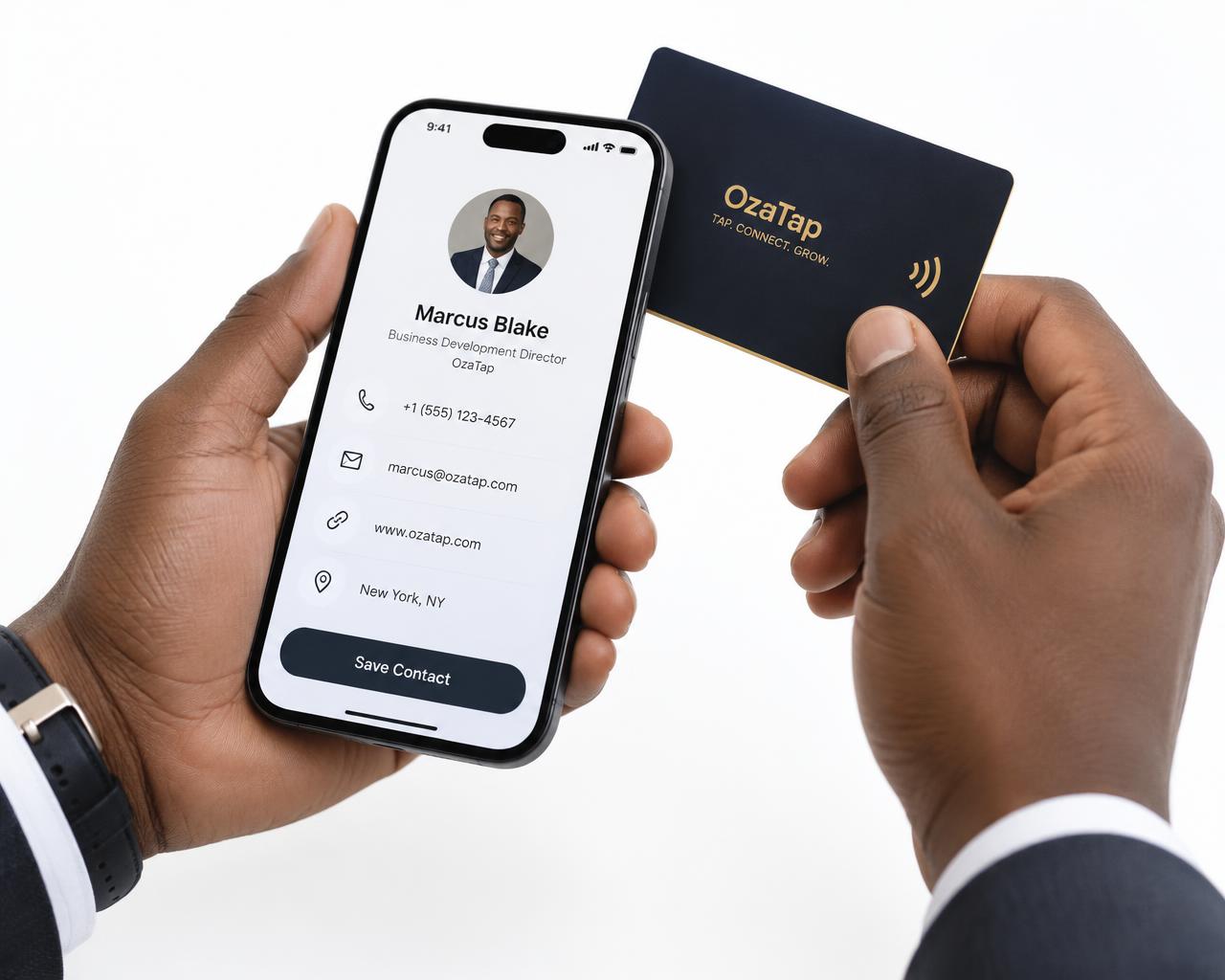 OzaTap smart card being tapped on a smartphone showing a digital profile